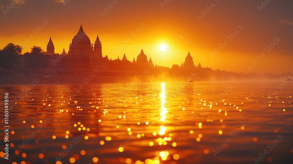 Naklejka premium A serene scene with the sun dipping below the horizon reflected in the calm waters