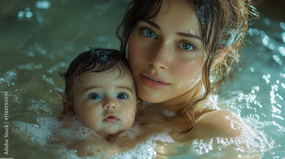 Mother and baby in water, both with wet hair and expressive blue eyes, creating a touching scene of intimacy and connection Mother and baby in water, both with wet hair and expressive blue eyes, creating a touching scene of intimacy and connection