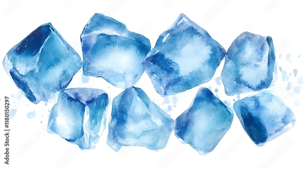 Abstract Watercolor Painting of Blue Ice Crystals Abstract Watercolor Painting of Blue Ice Crystals
