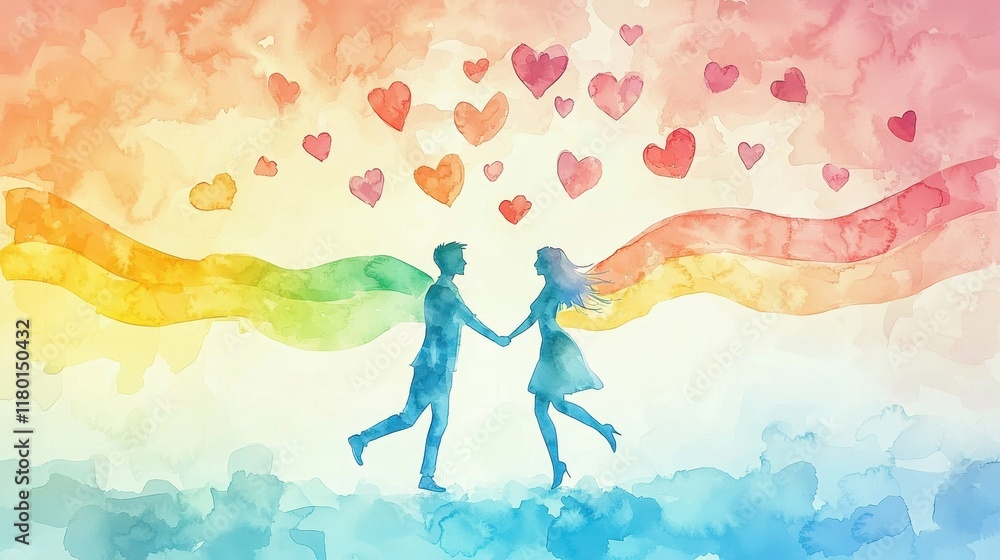 Watercolor Illustration of an LGBTQ Couple Dancing with Hearts and Rainbow Colors in a Romantic Atmosphere Watercolor Illustration of an LGBTQ Couple Dancing with Hearts and Rainbow Colors in a Romantic Atmosphere