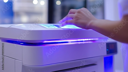 A person adjusting the settings on a laser printer for high-quality printing. photo