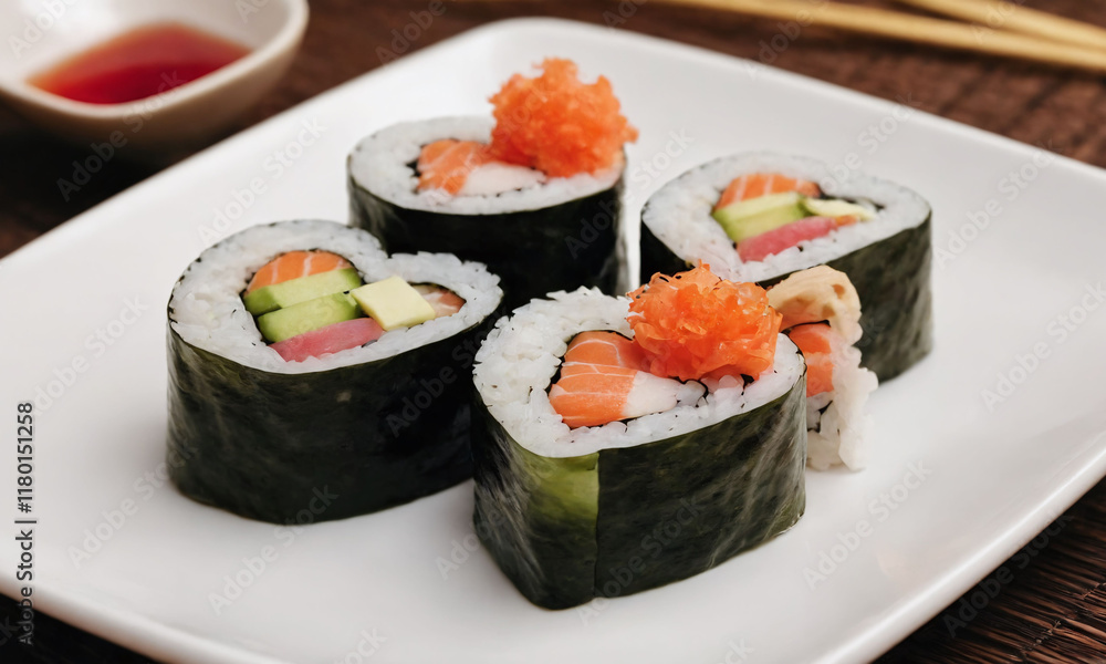 Colorful heart-shaped sushi rolls served on a plate with vibrant toppings and a small dish of soy sauce. Valentine’s Day idea, date, engagement party, love party, eat, food Colorful heart-shaped sushi rolls served on a plate with vibrant toppings and a small dish of soy sauce. Valentine’s Day idea, date, engagement party, love party, eat, food
