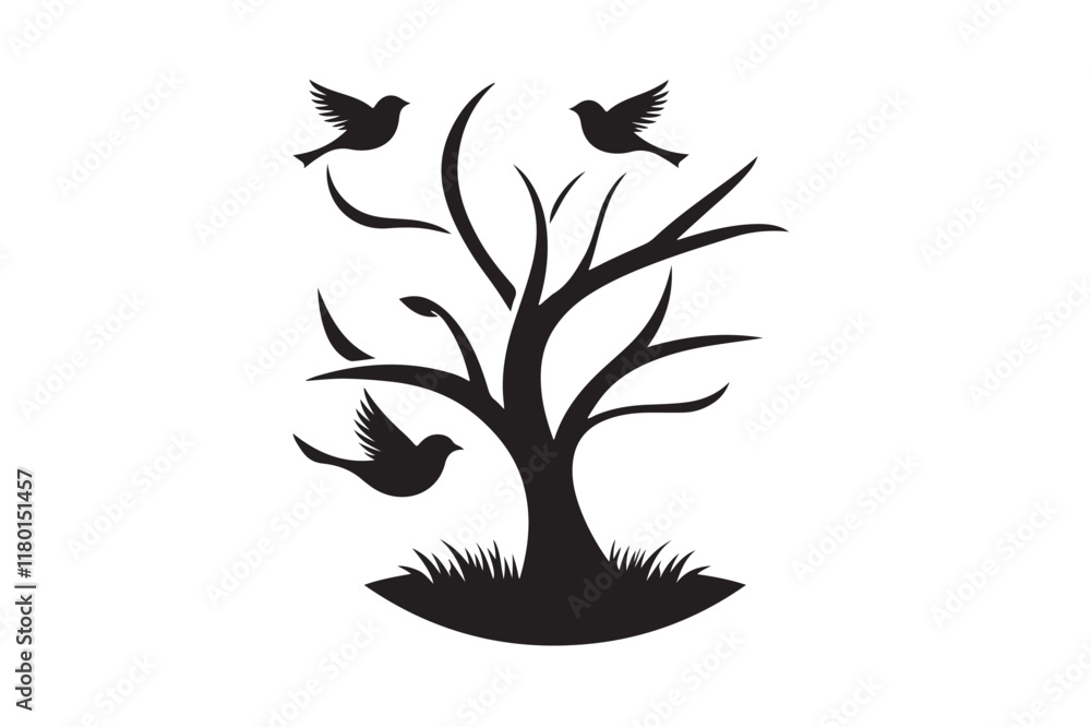 Tree with bird icon silhouette illustration with white background 3 Tree with bird icon silhouette illustration with white background 3
