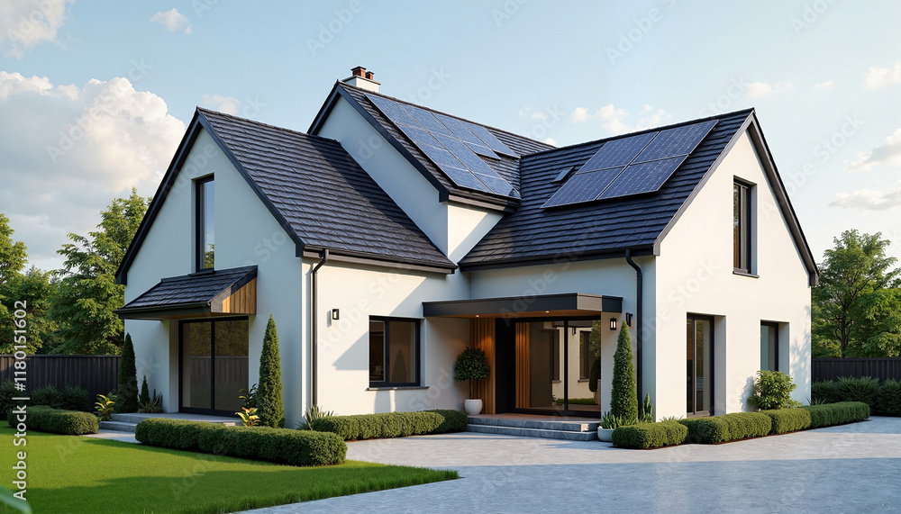 Modern house with solar panels in a sunny suburban setting Modern house with solar panels in a sunny suburban setting