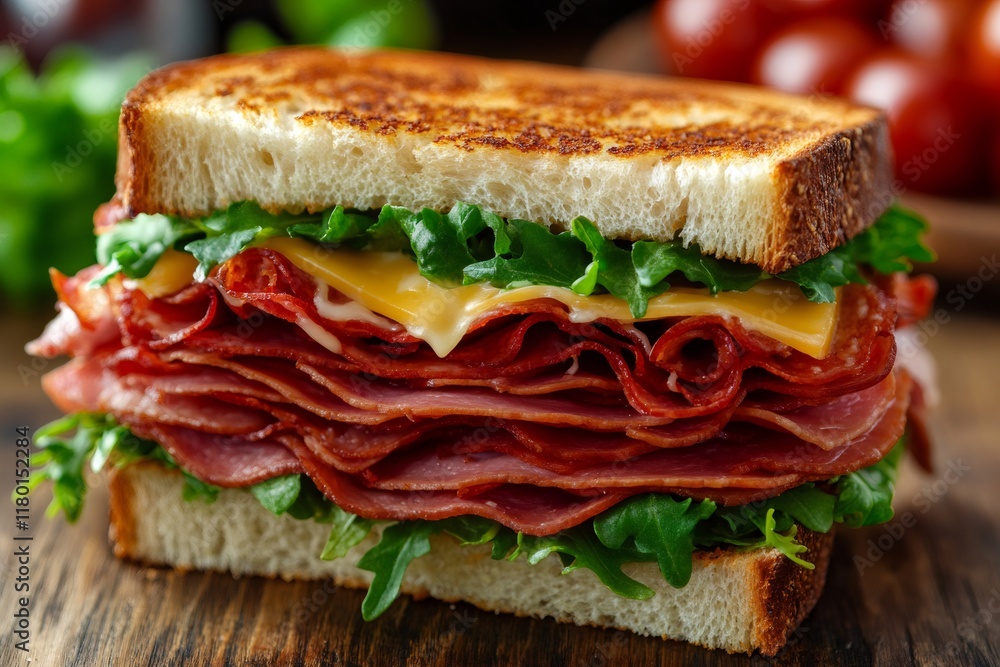 Delicious toasted sandwich is overflowing with salami, cheese and arugula Delicious toasted sandwich is overflowing with salami, cheese and arugula