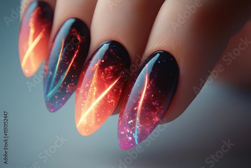 Unique galaxy-inspired nail art with vibrant colors and shimmering effects photo