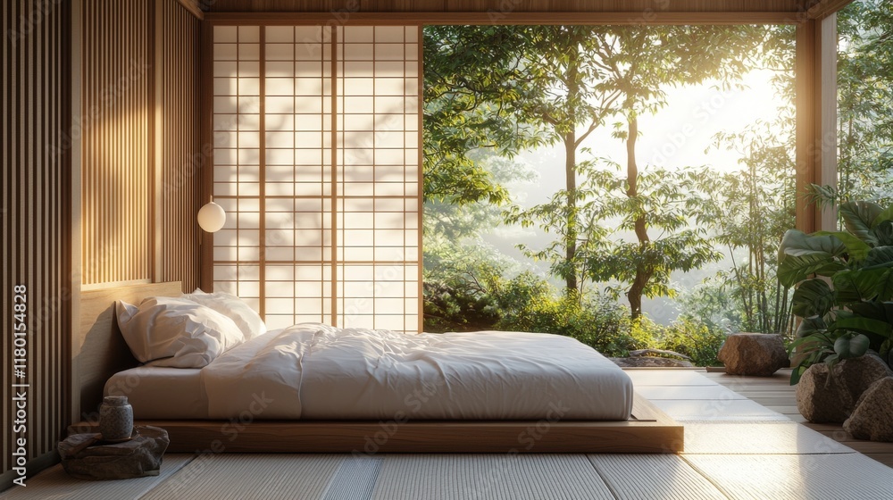 Fototapeta premium Minimalist Japanese bedroom with tatami mats and shoji screen