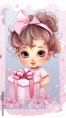 postcard. Cute baby babe in a pink dress ...