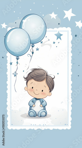 Postcard of the birth of a baby. Boy in sliders with blue balls