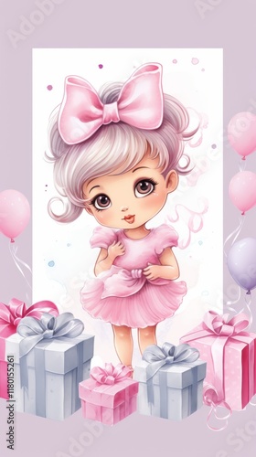 Girl with a pink bow with gifts. Postcard