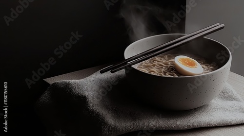 A pair of minimalist chopsticks resting on a plain napkin next to a white bowl of steaming ramen, with only a soft-boiled egg and a few noodles visible photo