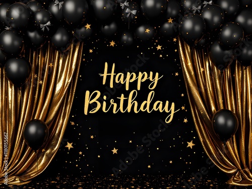 Elegant Black and Gold Birthday Celebration with Balloons and Stars
