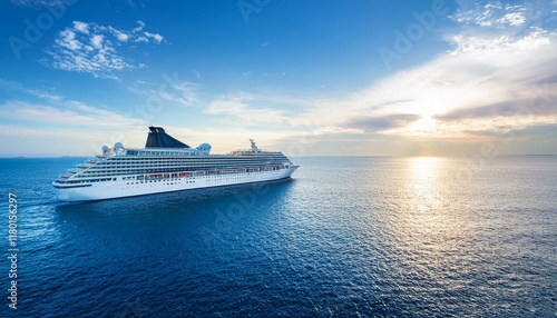 A large cruise ship sailing on the blue sea