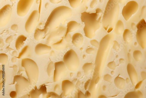 Processed texture of radomer or maasdam yellow cheese with large holes close up. Detailed photo of cheese surface photo