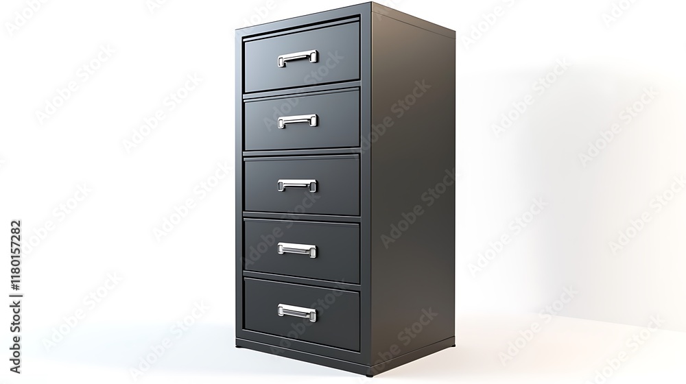 A black filing cabinet with five drawers A black filing cabinet with five drawers