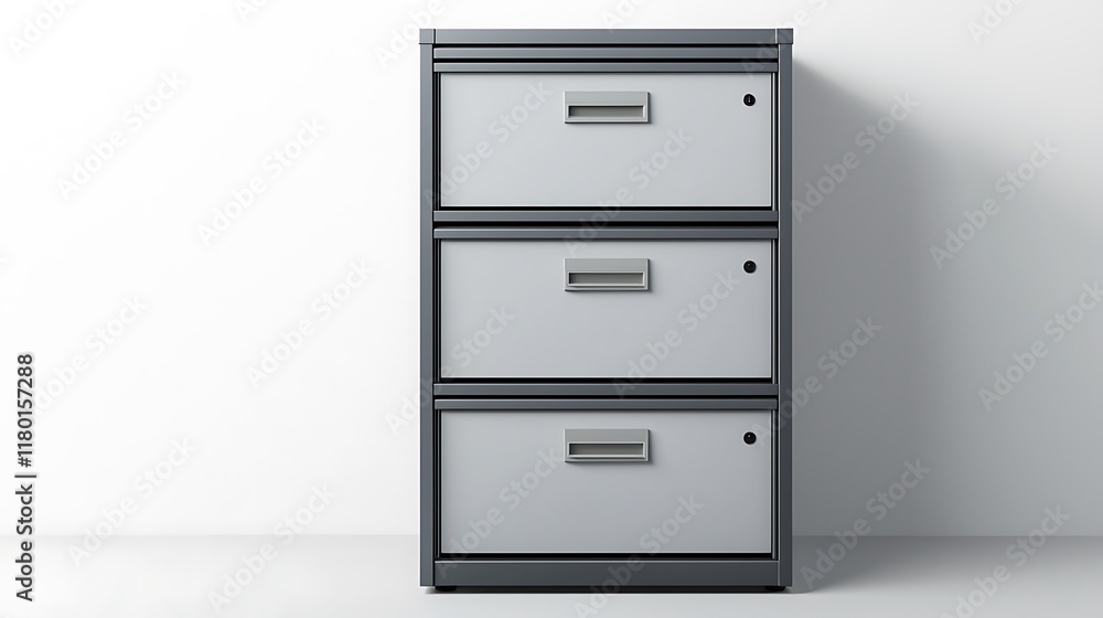 A gray filing cabinet with three drawers A gray filing cabinet with three drawers