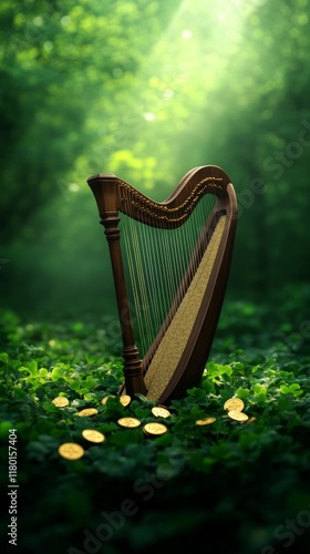 A St Patricks Day background showcasing a traditional Irish harp surrounded by shamrocks gold coins and a glowing green mist  photo