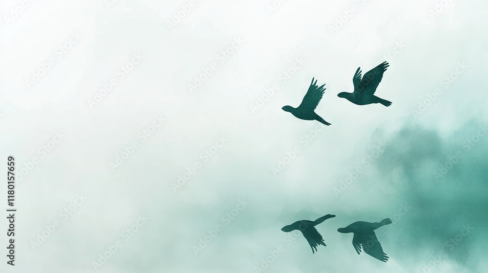 A pair of birds fly in the sky with clouds in the background, with one bird in the foreground and the other behind A pair of birds fly in the sky with clouds in the background, with one bird in the foreground and the other behind