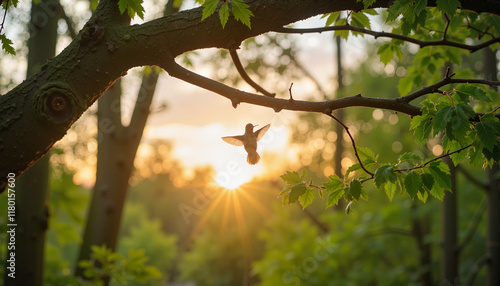 Tranquil hummingbird hovering under leafy canopy at sunset, nature's beauty