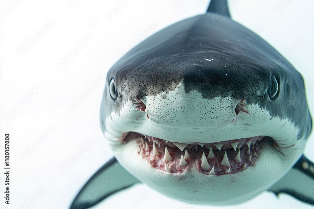 Fototapeta premium Close-up view of a shark's open mouth, suitable for use in wildlife or ocean-themed contexts