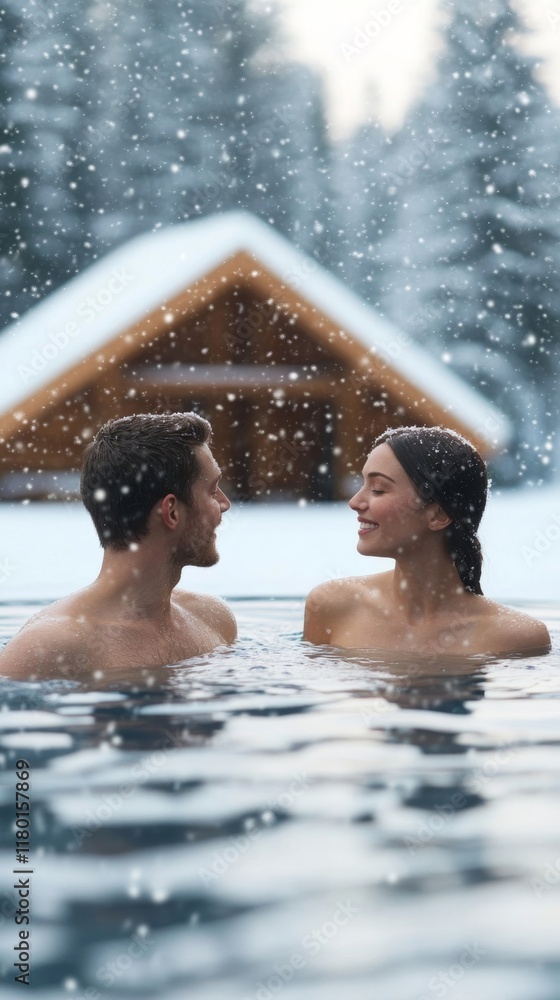 Obraz premium A charming Valentines Day hot tub setting in a Canadian chalet with a couple relaxing in warm bubbling water while snow falls softly around them 