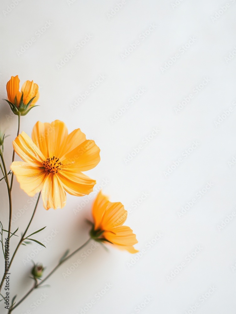 Fototapeta premium Close-up image of three vibrant orange cosmos flowers against a white background, showcasing delicate petals and stems.
