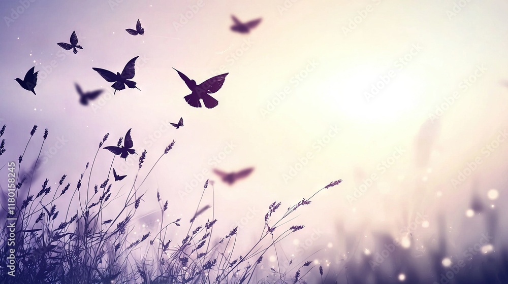 Fototapeta premium Butterflies flying in sky over grassy field with sun