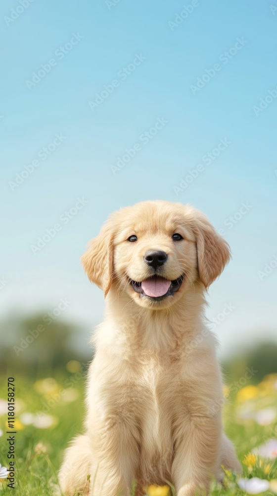 A cheerful National Puppy Day background featuring an adorable golden retriever puppy sitting on a green lawn surrounded by colorful flowers and a sunny sky A cheerful National Puppy Day background featuring an adorable golden retriever puppy sitting on a green lawn surrounded by colorful flowers and a sunny sky