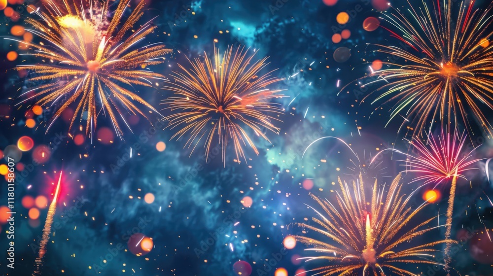 Fototapeta premium Colorful Fireworks Exploding in the Night Sky for Celebration, Generative AI