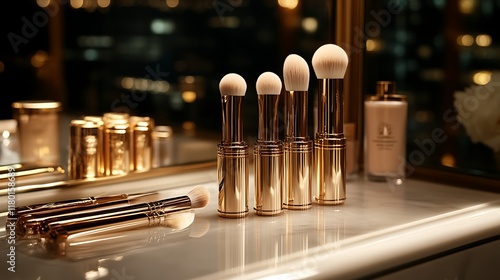 Five gold makeup brushes displayed on a marble surface.
