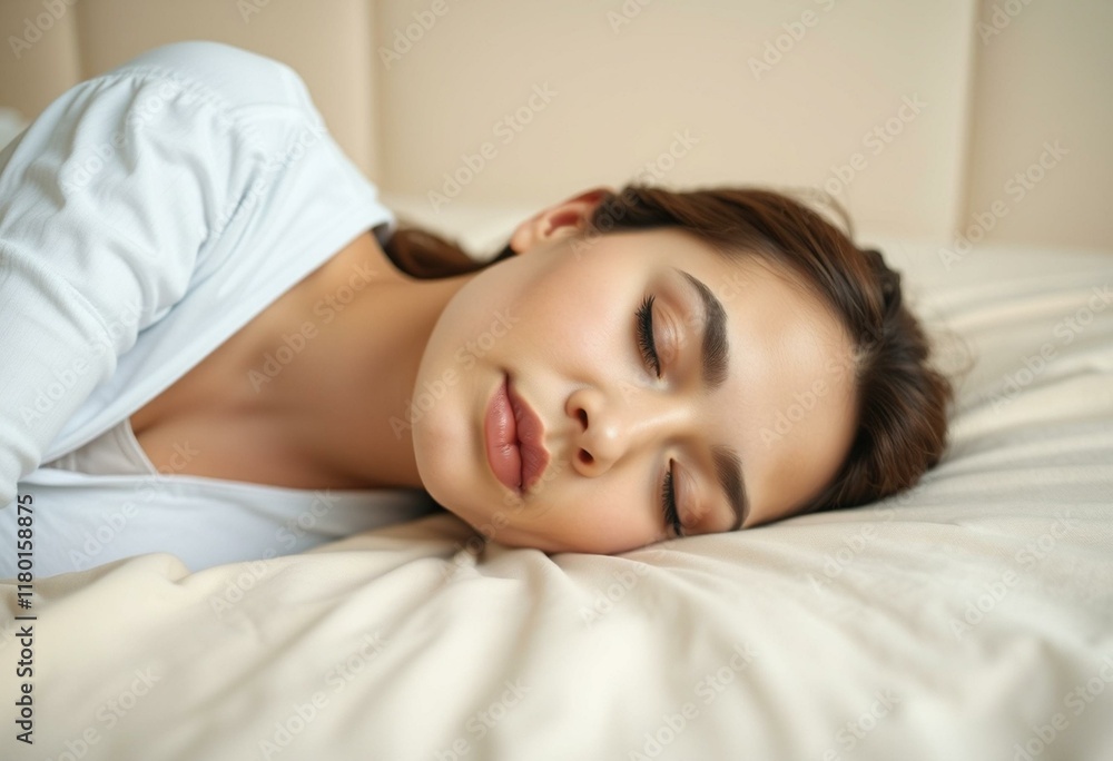 A sleeping female person on a soft bed A sleeping female person on a soft bed