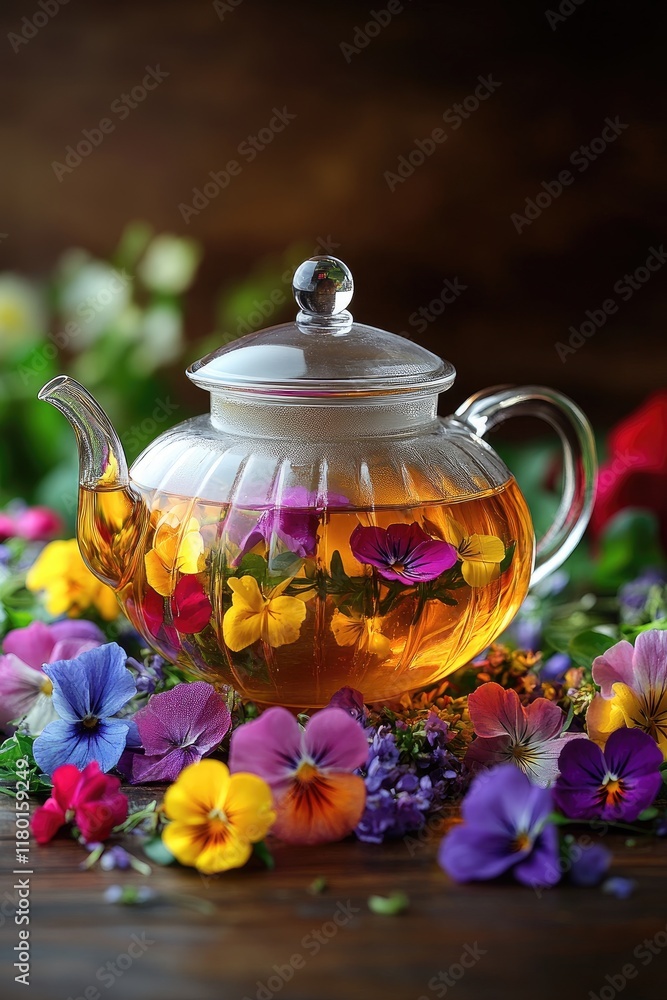 Glass teapot with pansy flower tea surrounded by colorful pansies on wooden table Glass teapot with pansy flower tea surrounded by colorful pansies on wooden table