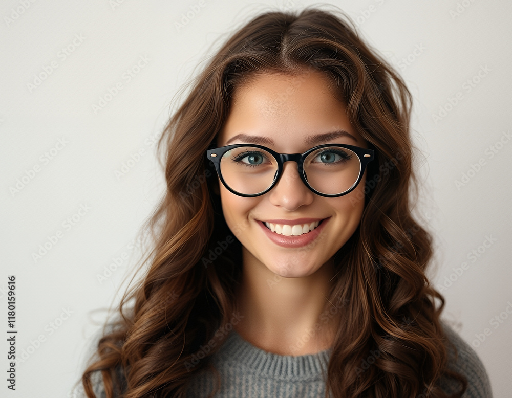 A close-up portrait of a smiling businesswoman wearing eyeglasses with brunette hair, showcasing a confident expression and looking directly at the camera in a studio setting A close-up portrait of a smiling businesswoman wearing eyeglasses with brunette hair, showcasing a confident expression and looking directly at the camera in a studio setting