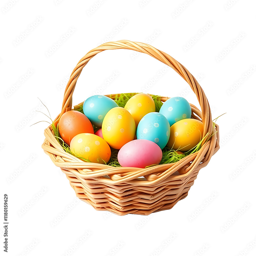 Colorful easter eggs in wicker basket Png with on transparent background. Colorful easter eggs in wicker basket Png with on transparent background.