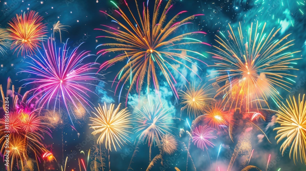 Fototapeta premium Colorful Fireworks Exploding in the Night Sky for Celebration, Generative AI