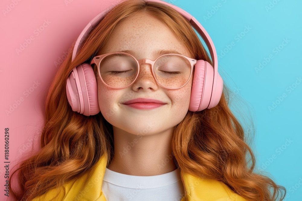 A joyful girl in a yellow jacket enjoys music with eyes closed A joyful girl in a yellow jacket enjoys music with eyes closed
