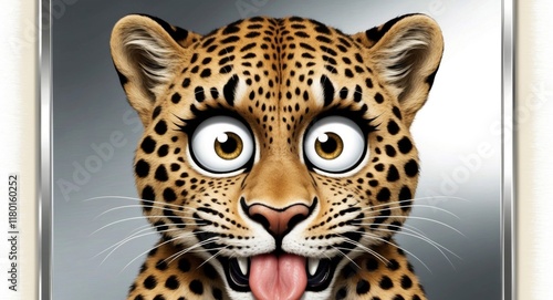 This image features a highly stylized and comical digital illustration of a leopard's face with oversized, expressive eyes and a mischievous smile. The leopard's tongue is cheekily poking out, and its photo