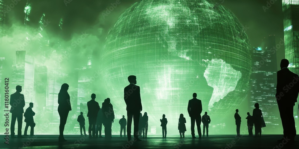 A group of people standing in front, with digital images representing a global network and connectivity in the background. The globe is prominent as it stands out against their silhouettes A group of people standing in front, with digital images representing a global network and connectivity in the background. The globe is prominent as it stands out against their silhouettes