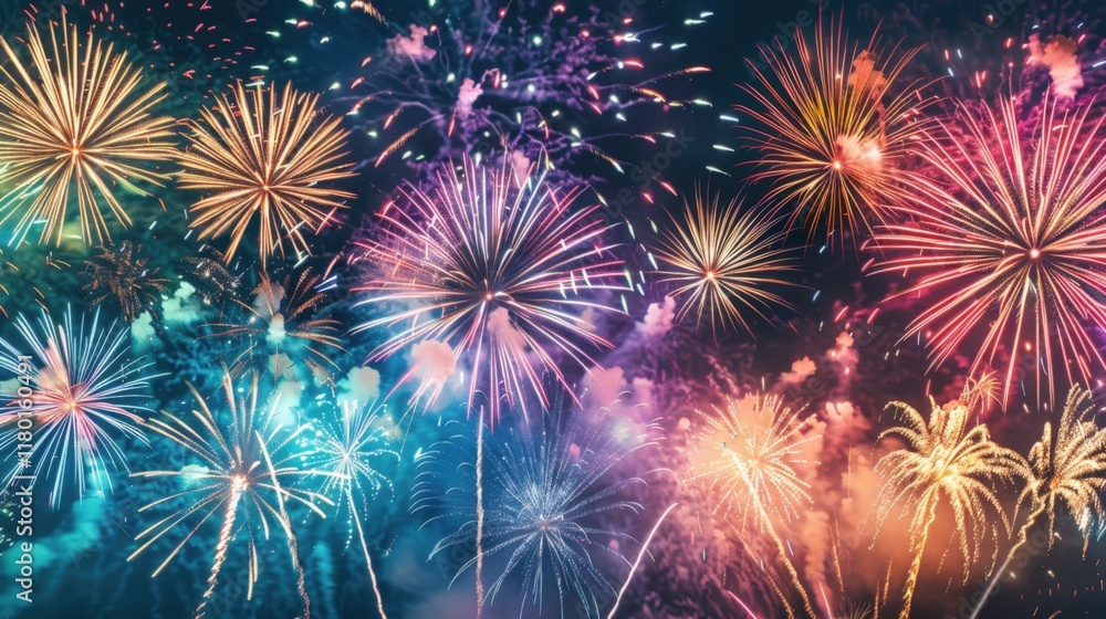 Fototapeta premium Colorful Fireworks Exploding in the Night Sky for Celebration, Generative AI