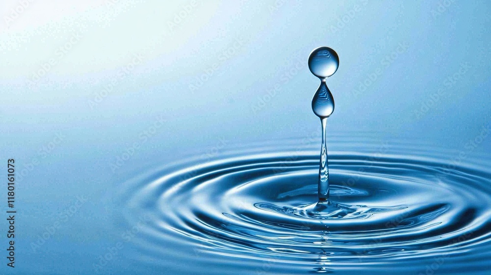 A droplet of water falling into a larger body of water with a smaller droplet emerging from the surface at the top A droplet of water falling into a larger body of water with a smaller droplet emerging from the surface at the top