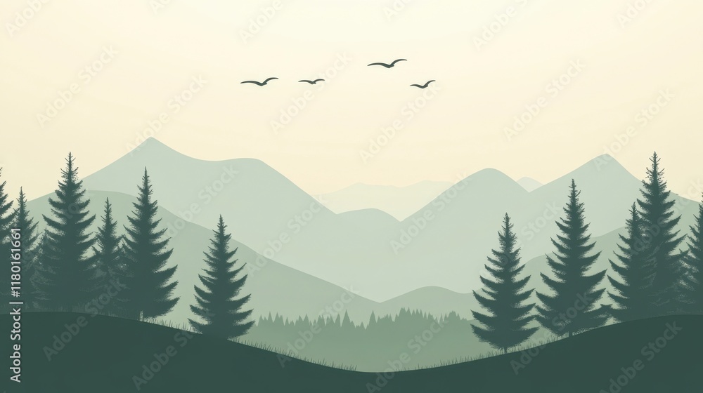 Fototapeta premium Serene Misty Mountain Forest Landscape with Birds - Minimalist Nature Scene