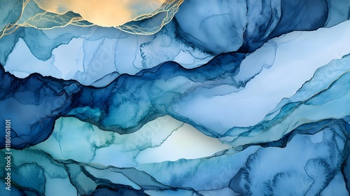 Wallpaper Mural Abstract Blue Ink Wash Painting With Gold Accents Torontodigital.ca