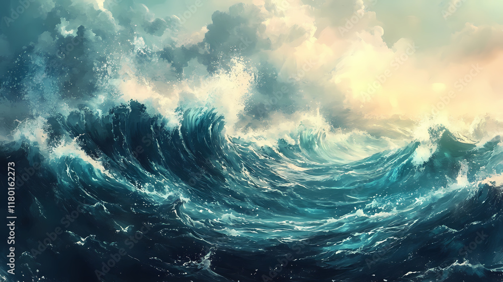 Fototapeta premium Ocean waves painting. Wavecrest. Illustration