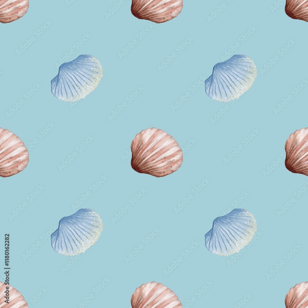 Seamless watercolor shell pattern on a soft blue background for textile and wrapping design Seamless watercolor shell pattern on a soft blue background for textile and wrapping design