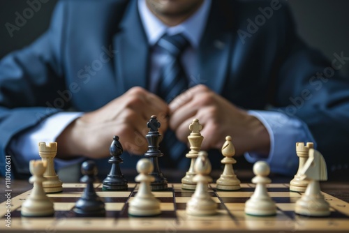 Wallpaper Mural Chessboard game on wooden desk with businessman in suit thinking about strategy Torontodigital.ca