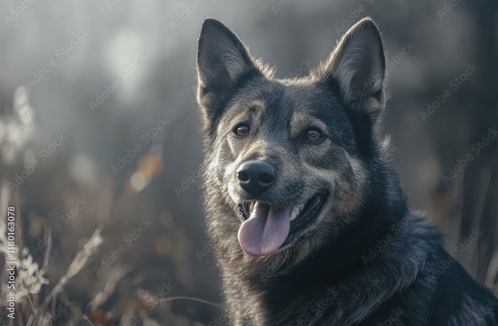 Portrait of a happy, gray mixed-breed dog with its tongue out, outdoors, with a blurred background Generative AI Portrait of a happy, gray mixed-breed dog with its tongue out, outdoors, with a blurred background Generative AI