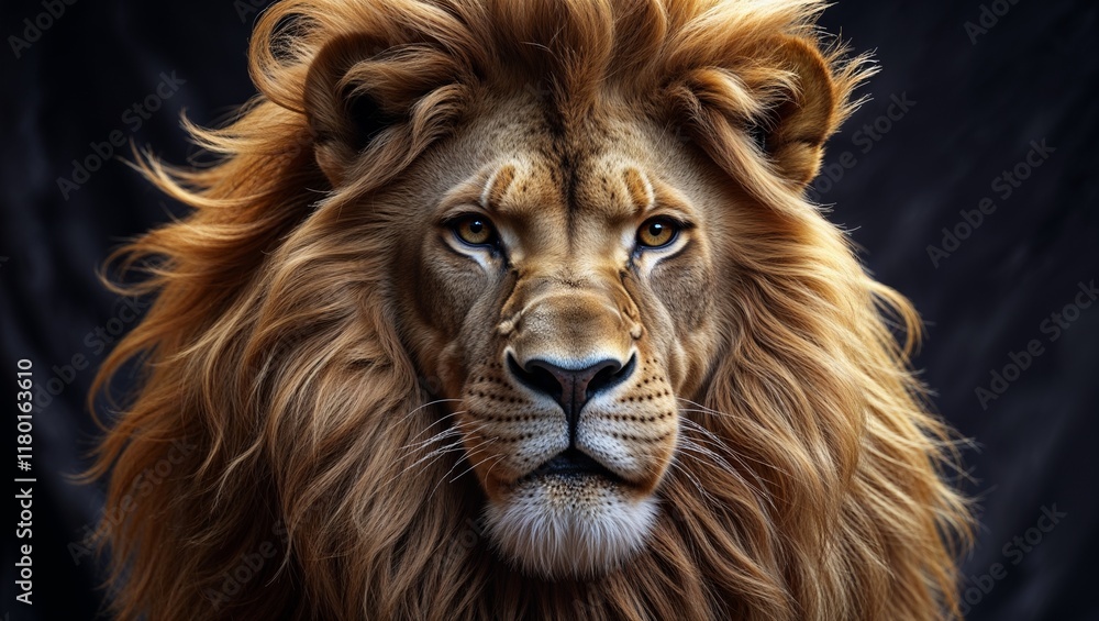 Naklejka premium A Majestic Lion with a Luxuriant Golden Mane: A Regal and Powerful Symbol of Strength, Courage, and Nobility, Captured in a Striking, Detailed Portrait of the King of the Jungle