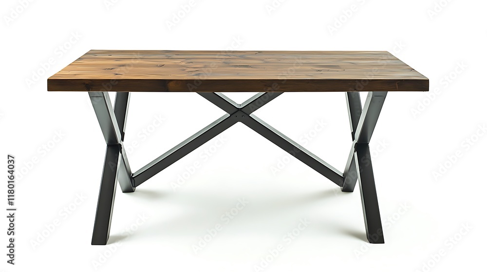 A wooden table with black legs and a black cross design A wooden table with black legs and a black cross design