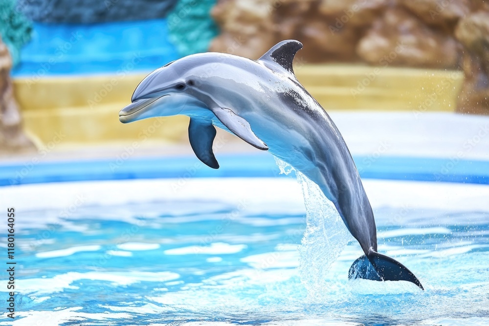 Naklejka premium A dolphin leaping out of a swimming pool, perfect for aquatic or leisure-themed images