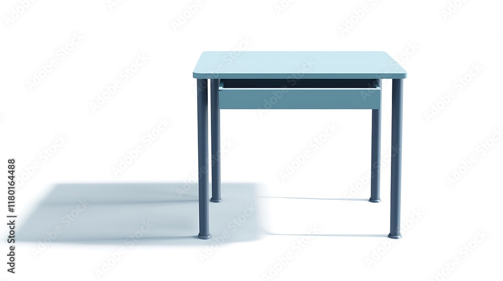 A blue desk with a drawer sits on a white background A blue desk with a drawer sits on a white background